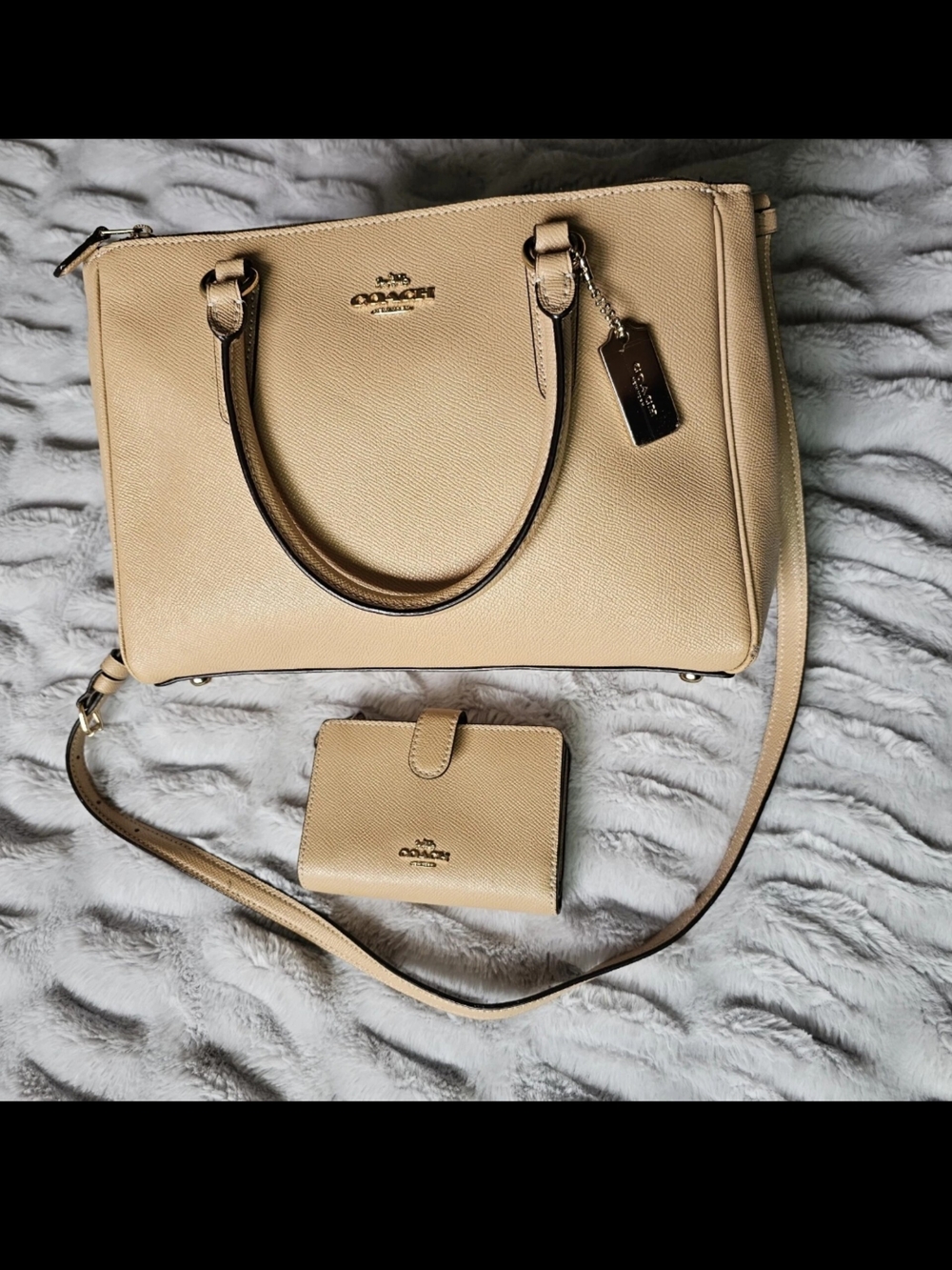 Coach Surrey Carryall Crossgrain Leather Satchel Tote & Medium Wallet Set Beige